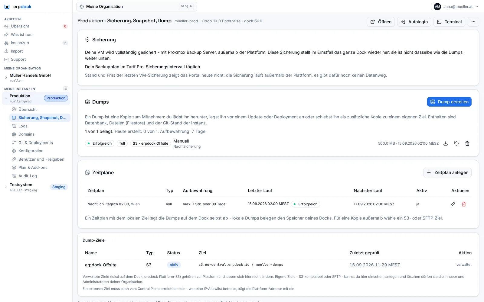 erpdock Portal: Sicherung, Dumps, Zeitpläne und Dump-Ziele je Odoo-Instanz mit Download und Wiederherstellung