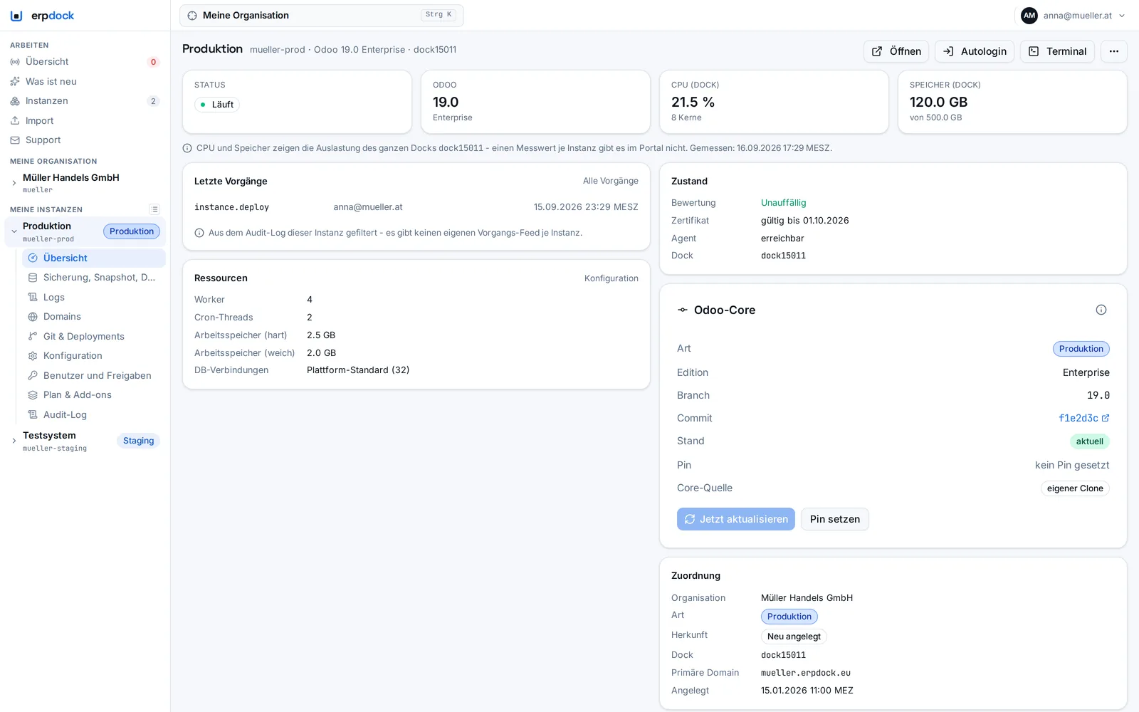 erpdock Portal: Instanz-Übersicht mit Status, Odoo-Version, Worker, Zertifikat und Odoo-Core-Stand