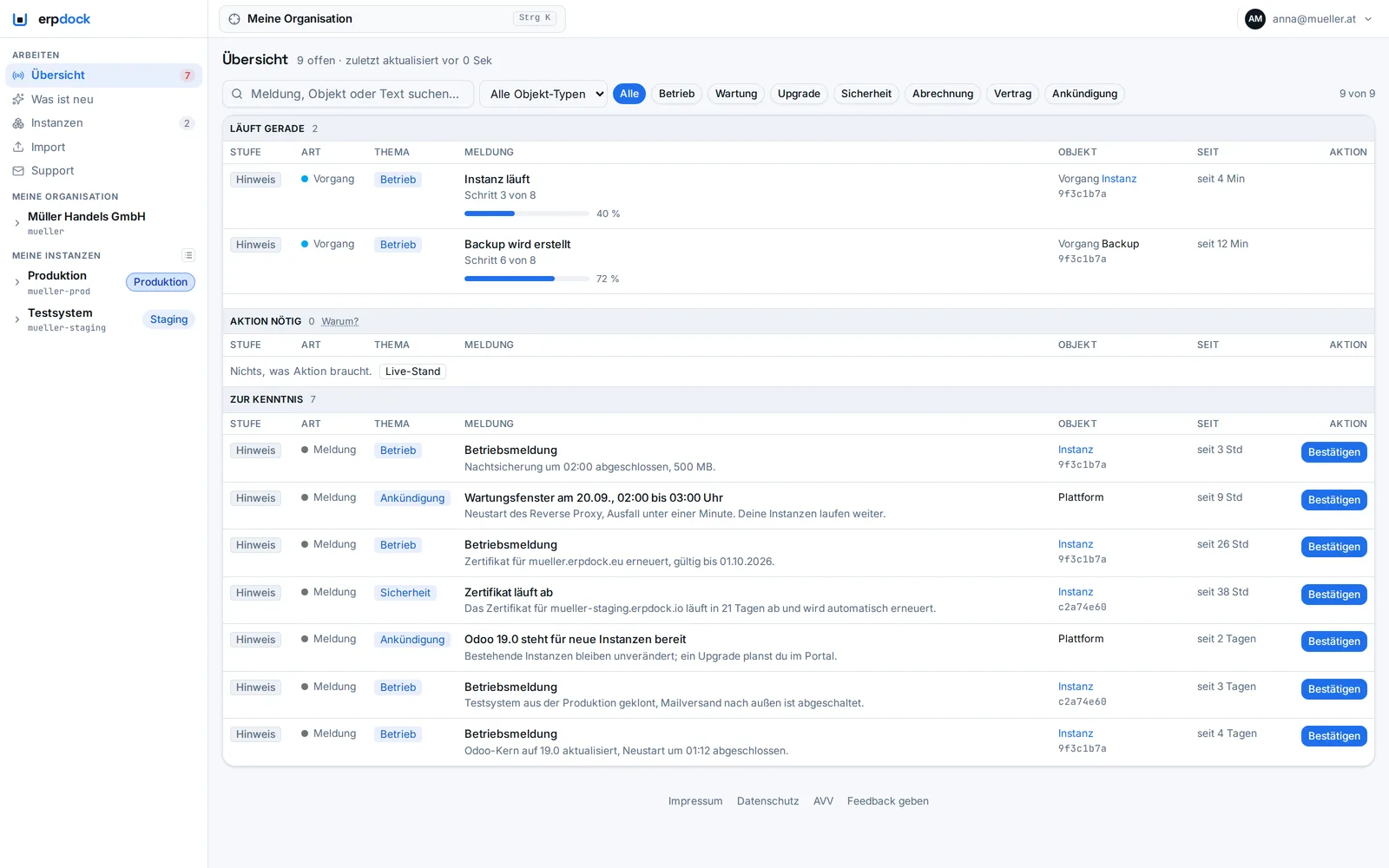 erpdock Portal: Übersicht mit laufenden Vorgängen, Meldungen zu Backup, Zertifikat und Wartungsfenster je Instanz